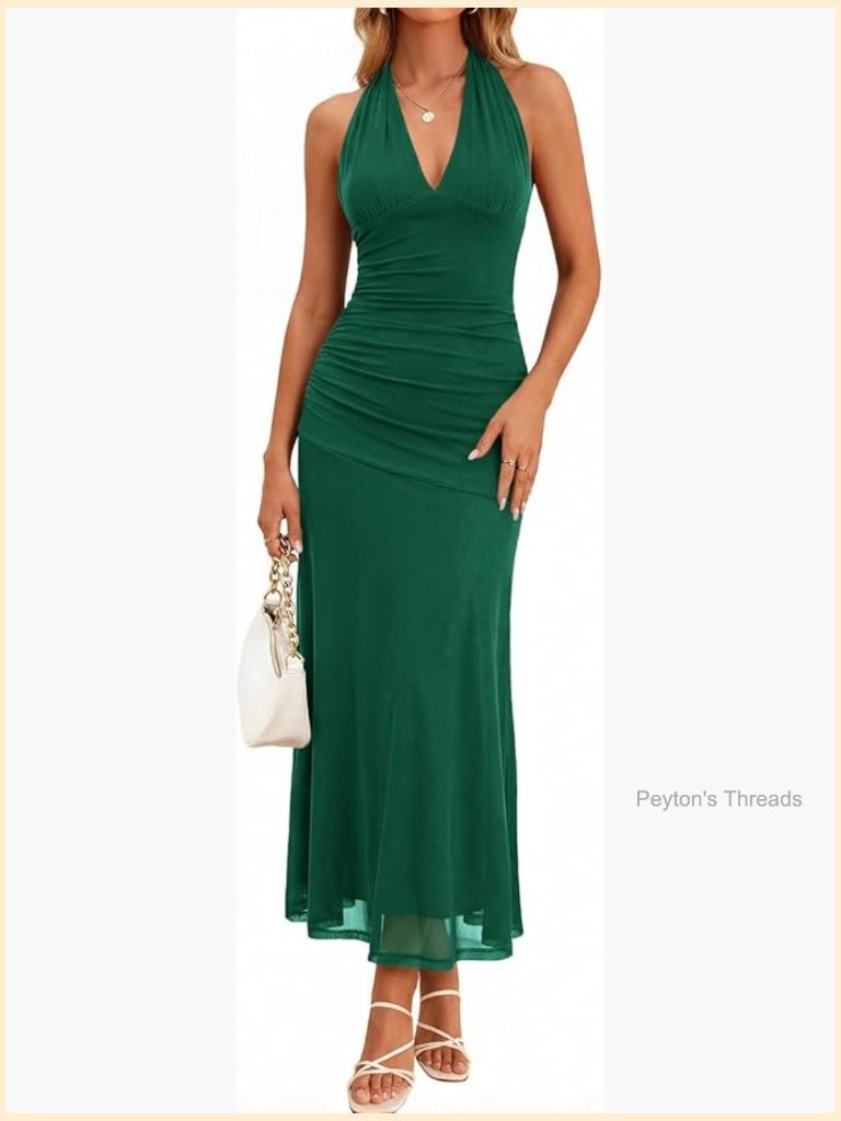 Halter V Neck Backless Maxi Dress With Tie Back, Slim Fit Mesh Party Dress